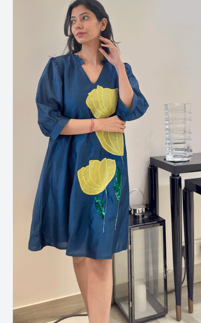 Blue -Zara Silk embroidered dress