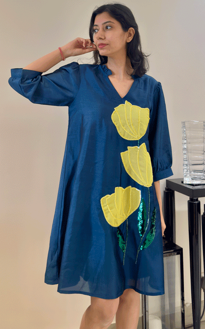 Blue -Zara Silk embroidered dress