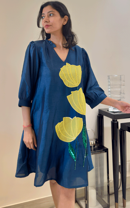 Blue -Zara Silk embroidered dress