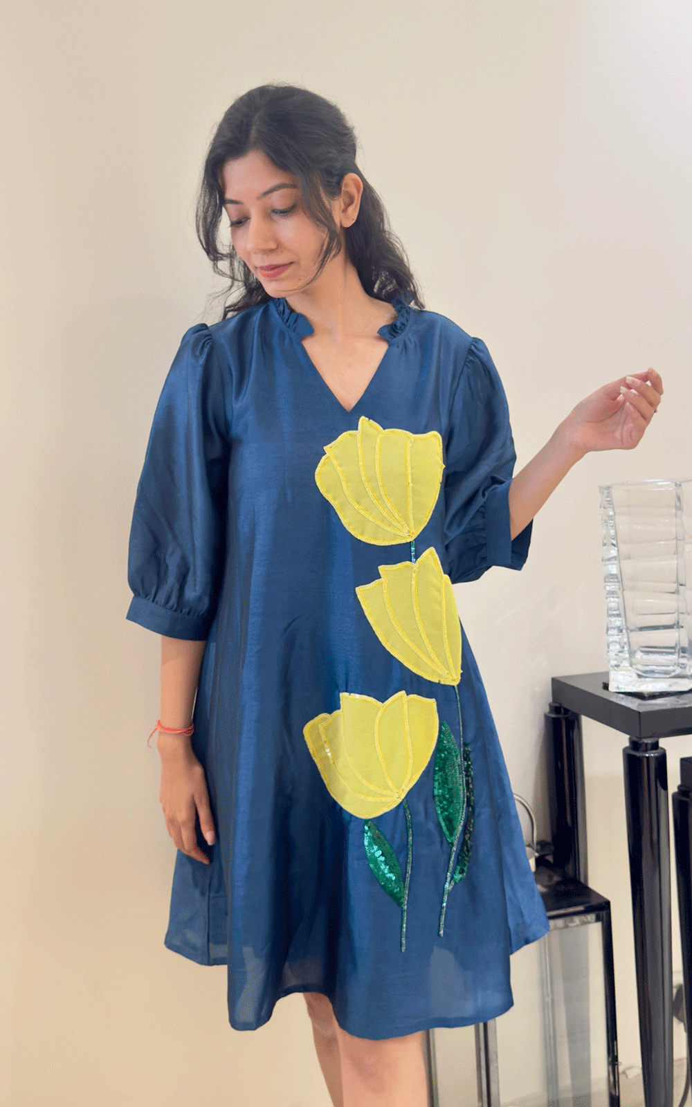 Blue -Zara Silk embroidered dress
