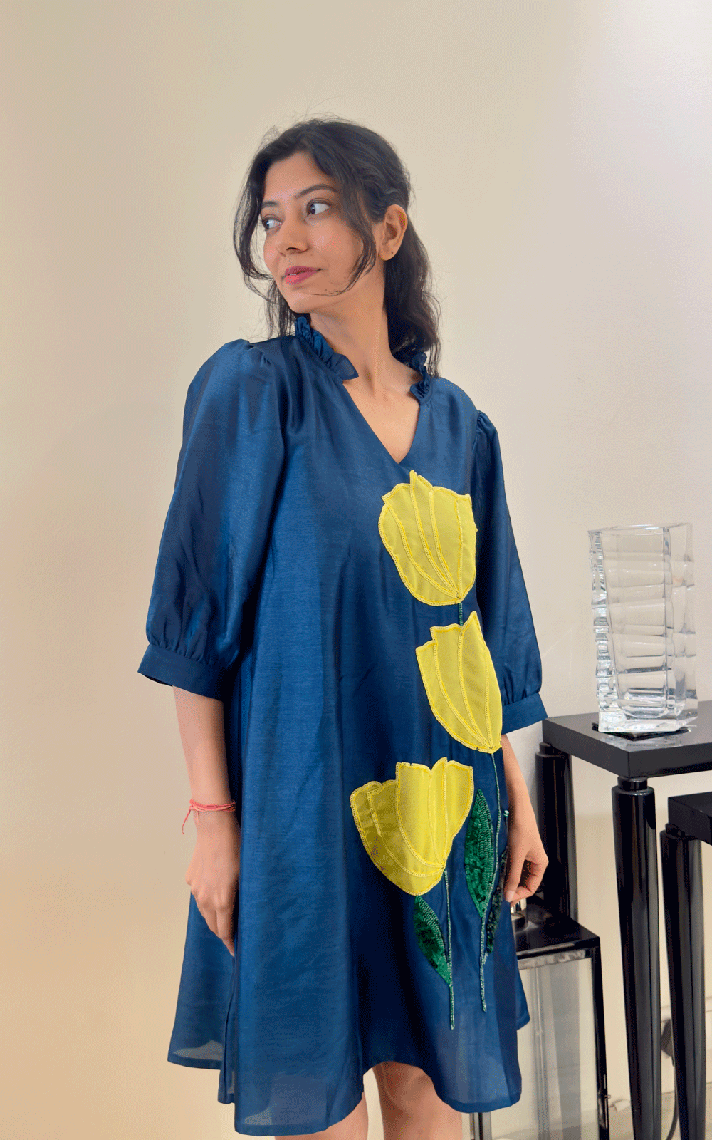 Blue -Zara Silk embroidered dress