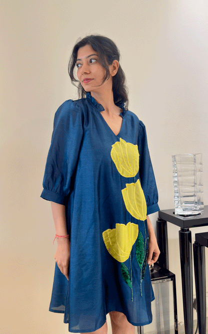 Blue -Zara Silk embroidered dress