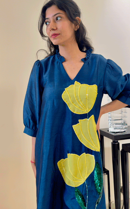 Blue -Zara Silk embroidered dress