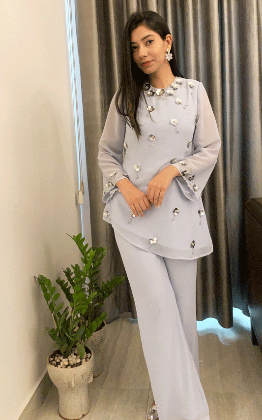 High -low Pastel blue embroidered co-ord set