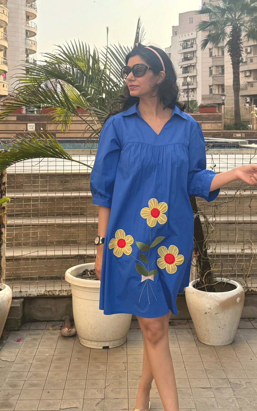 Cotton royal blue applique floral dress