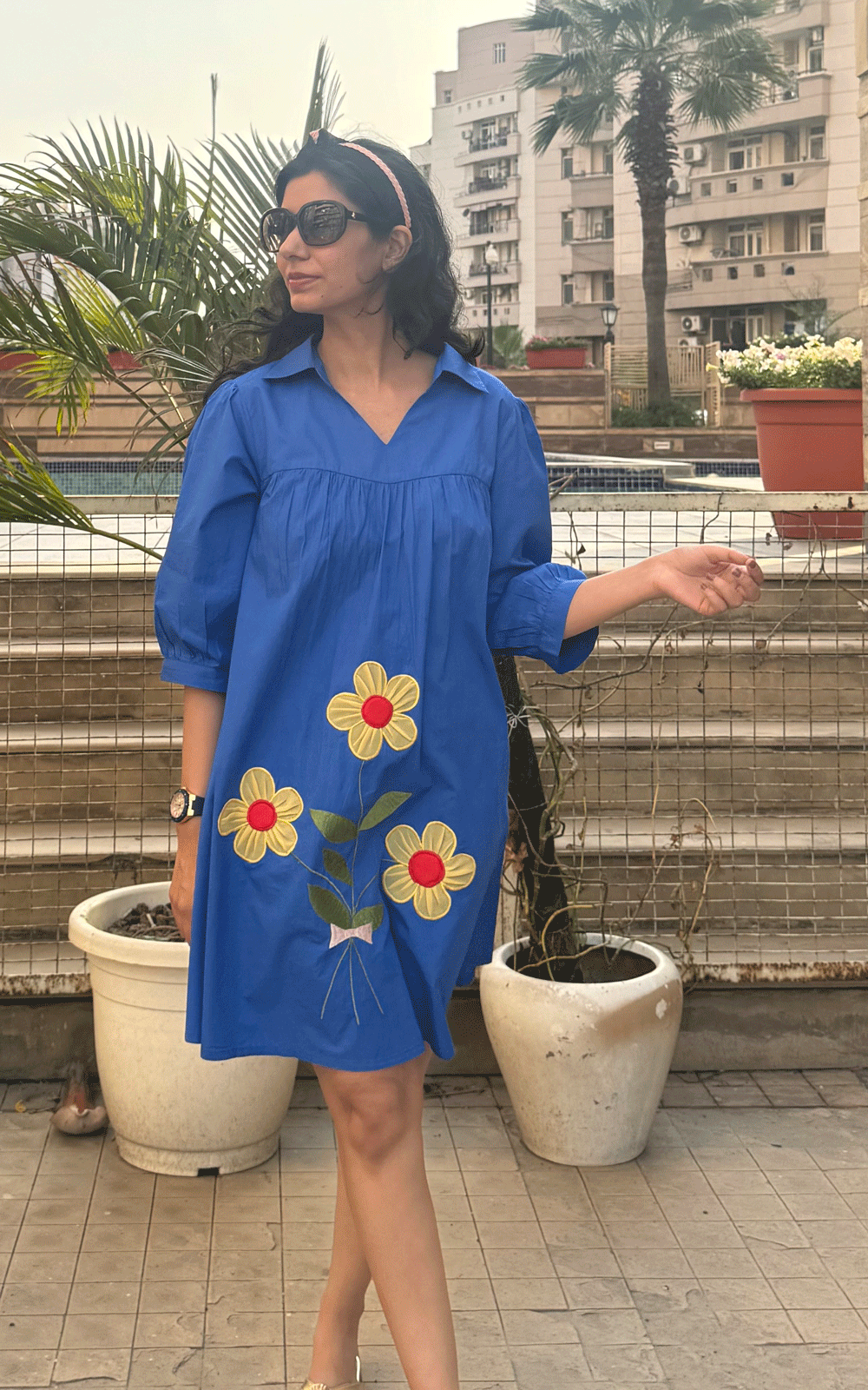 Cotton royal blue applique floral dress