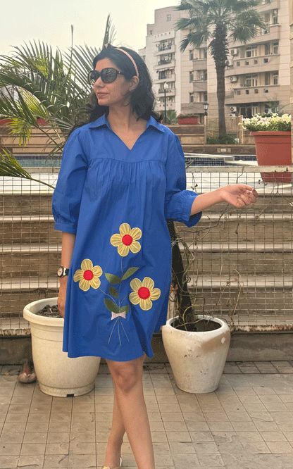 Cotton royal blue applique floral dress
