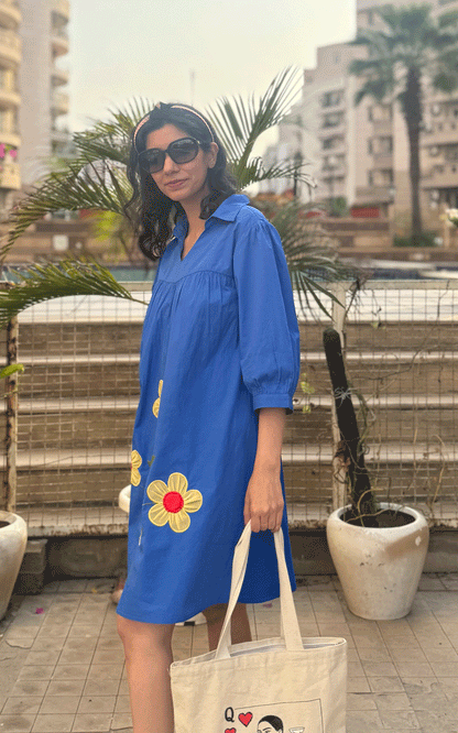 Cotton royal blue applique floral dress