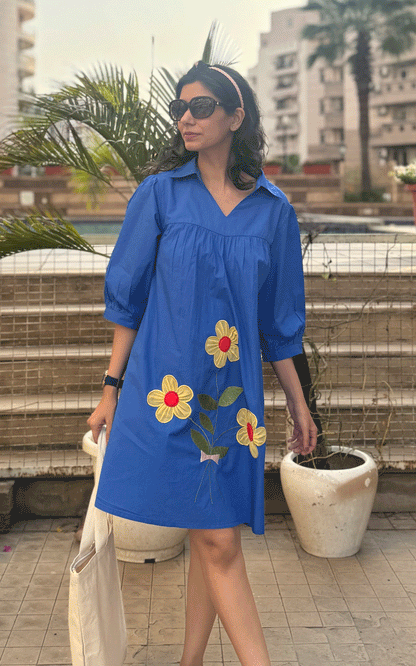 Cotton royal blue applique floral dress