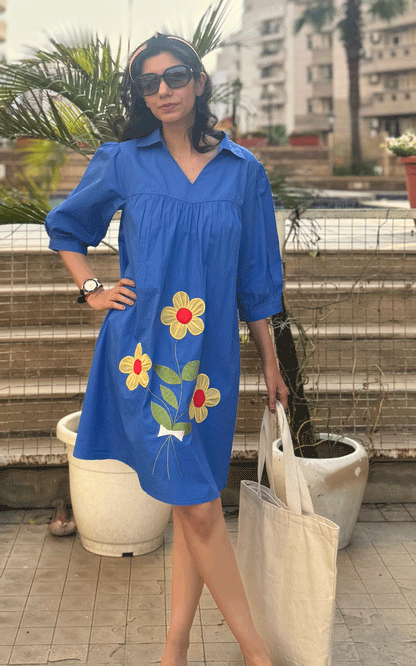 Cotton royal blue applique floral dress
