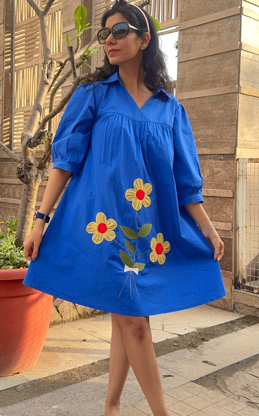 Cotton royal blue applique floral dress