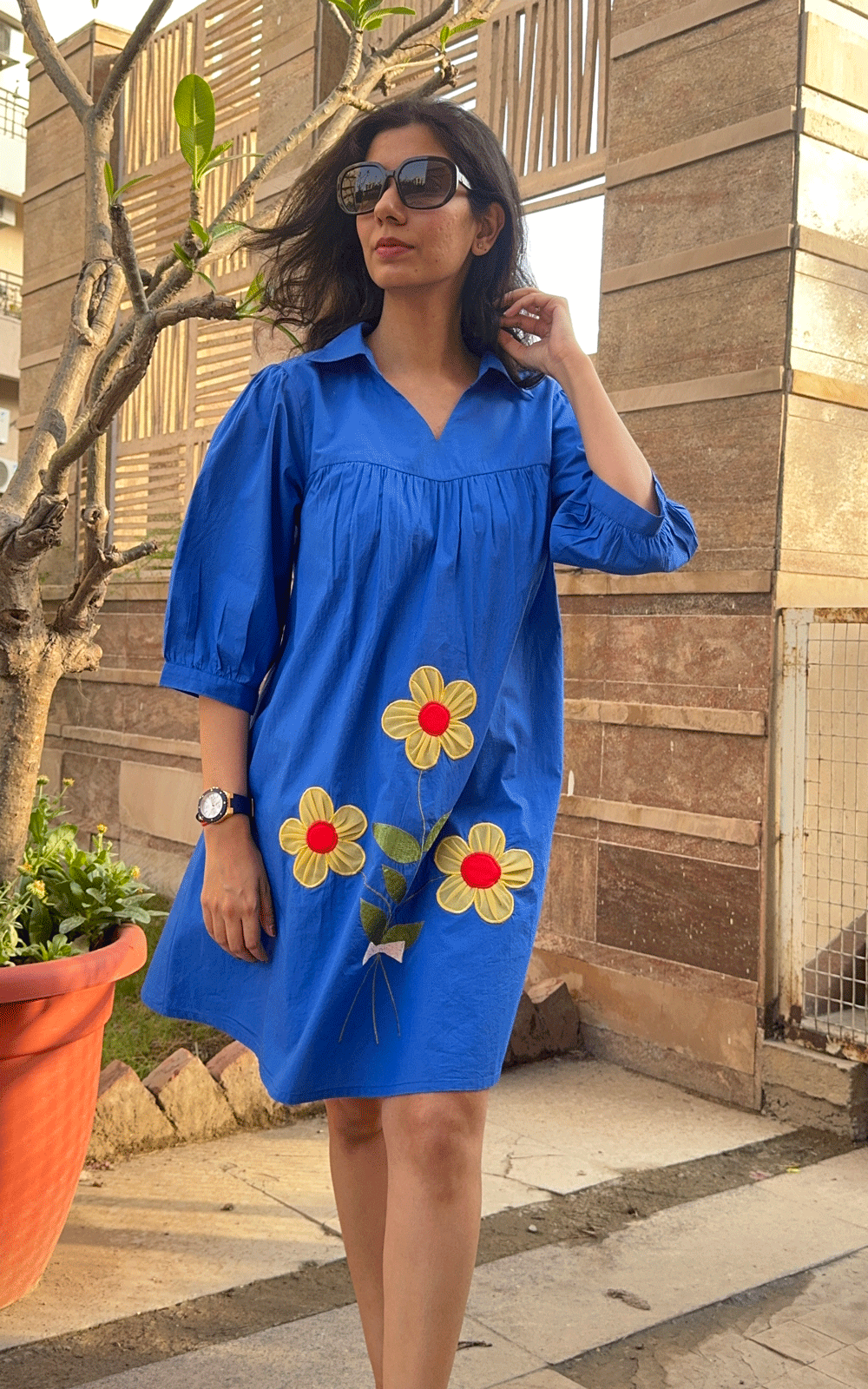 Cotton royal blue applique floral dress