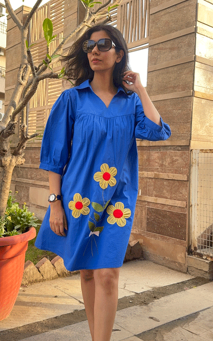 Cotton royal blue applique floral dress