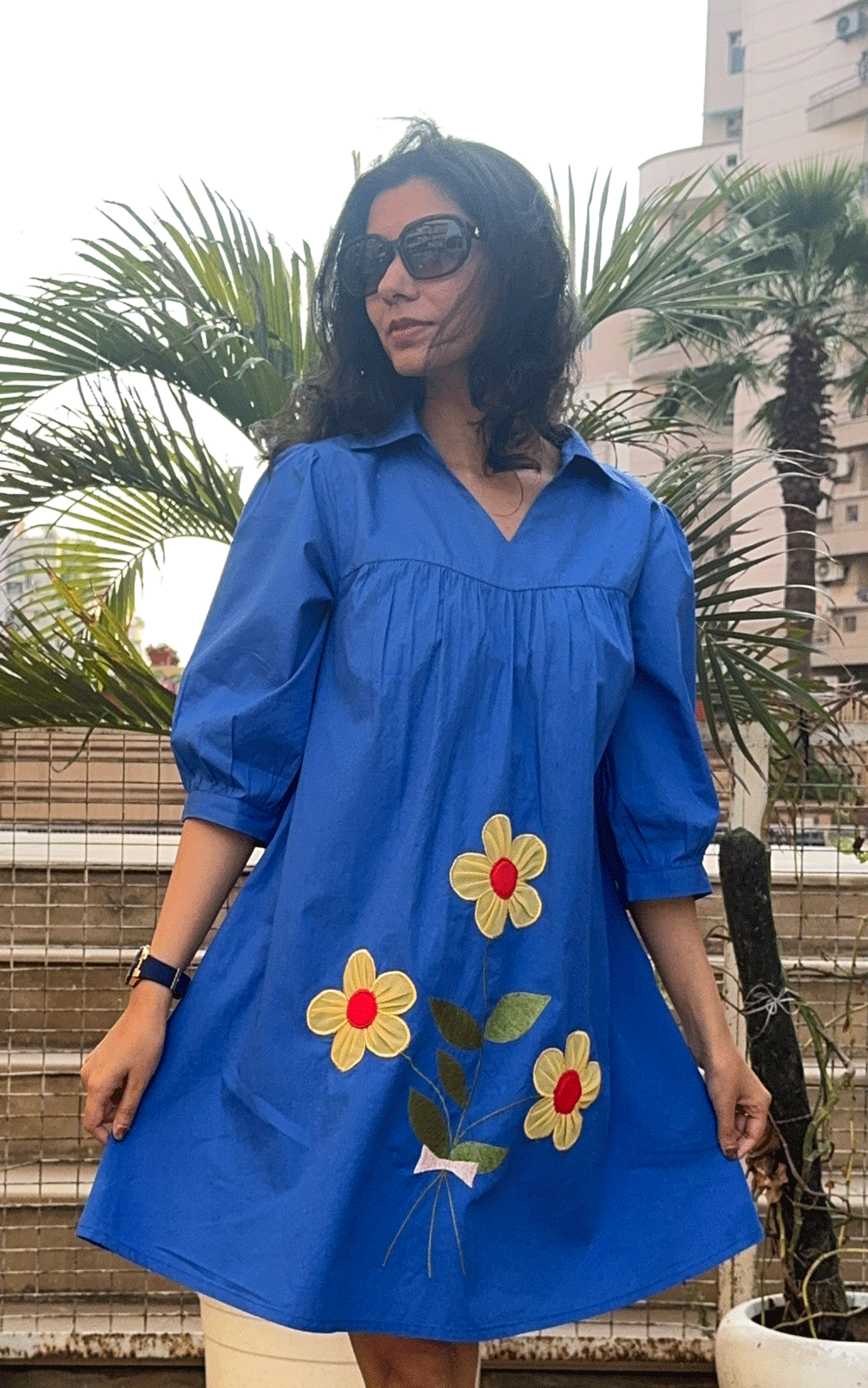 Cotton royal blue applique floral dress