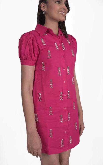 Cotton stones embellished shirt dress - Pink