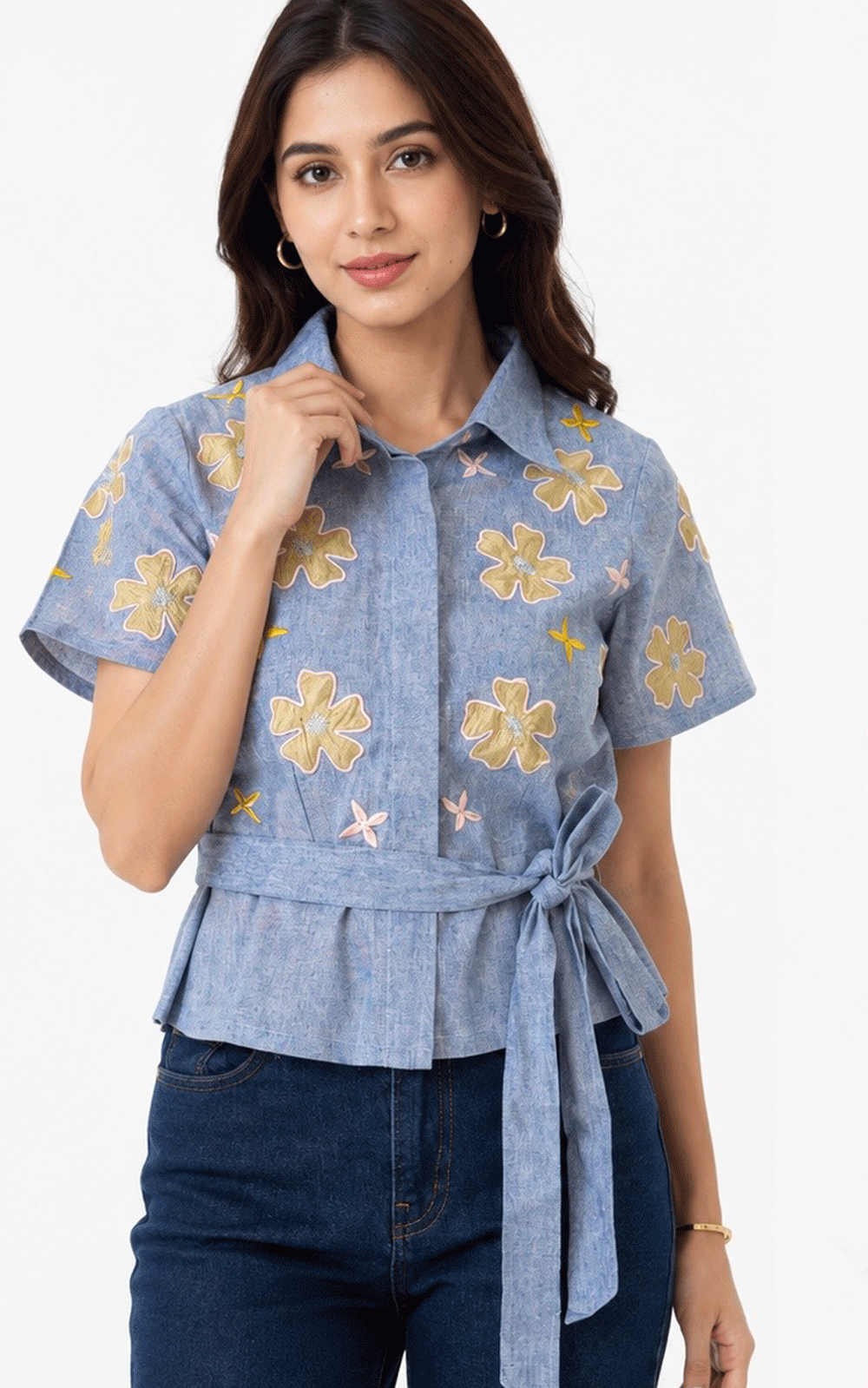Floral patch embroidered peplum style shirt