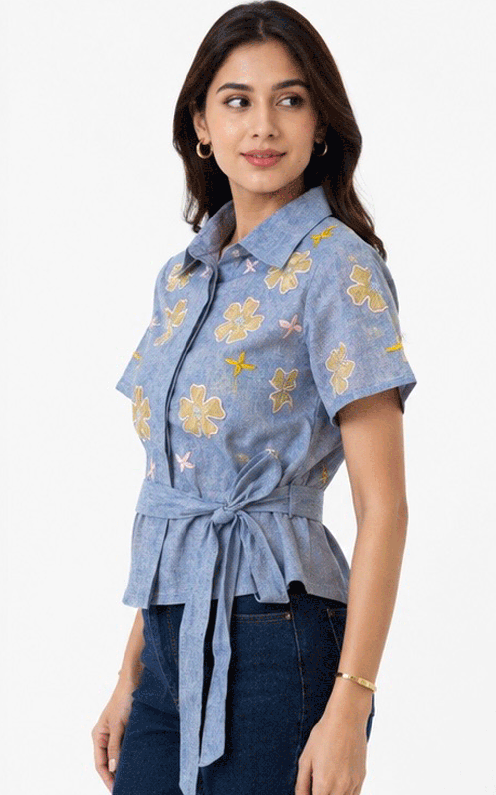 Floral patch embroidered peplum style shirt