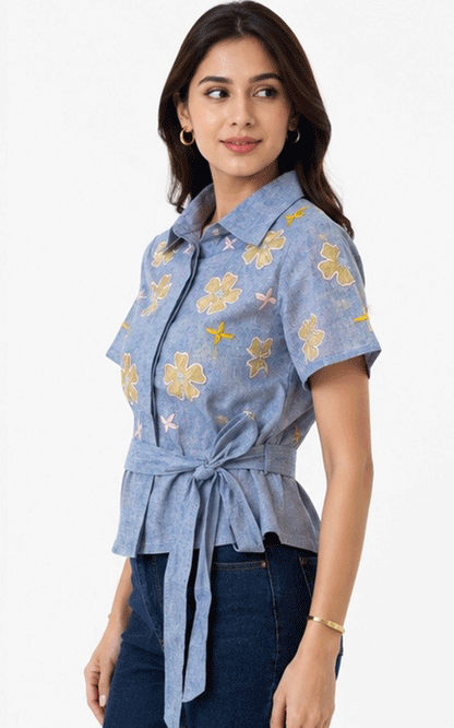 Floral patch embroidered peplum style shirt