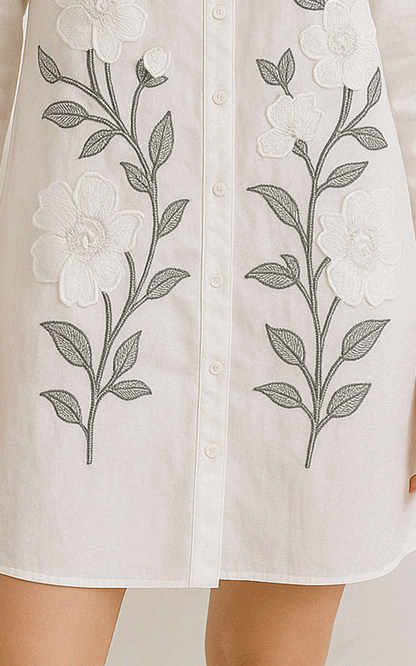 White Floral thread embroidered cotton shirt dress