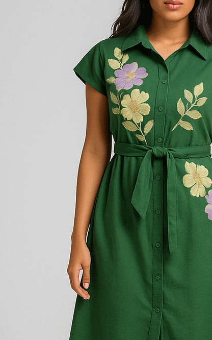 Forest-Green thread embroidered shirt dress