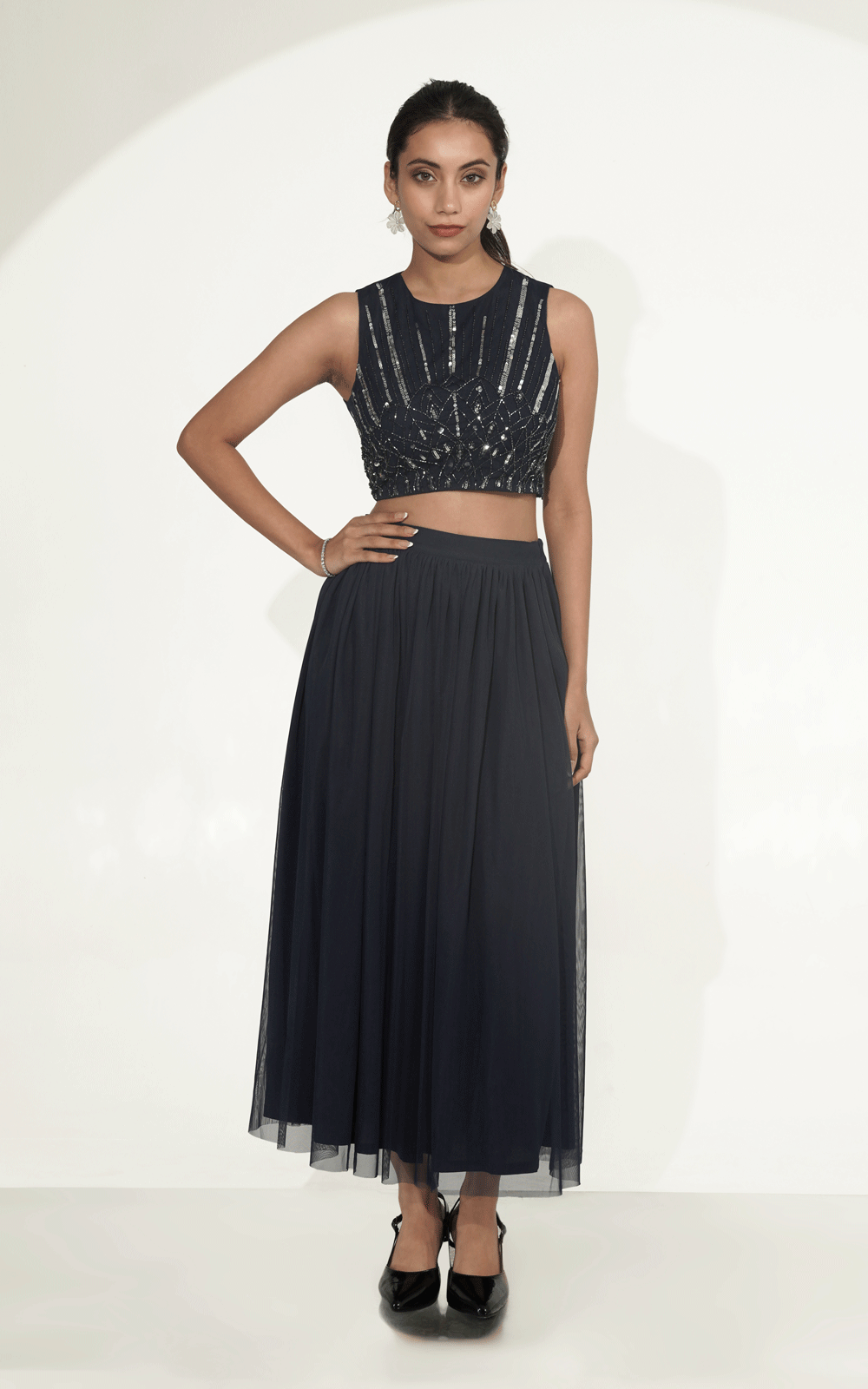 Velora- navy blue skirt top set