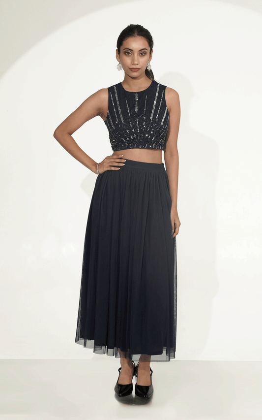 Velora- navy blue skirt top set